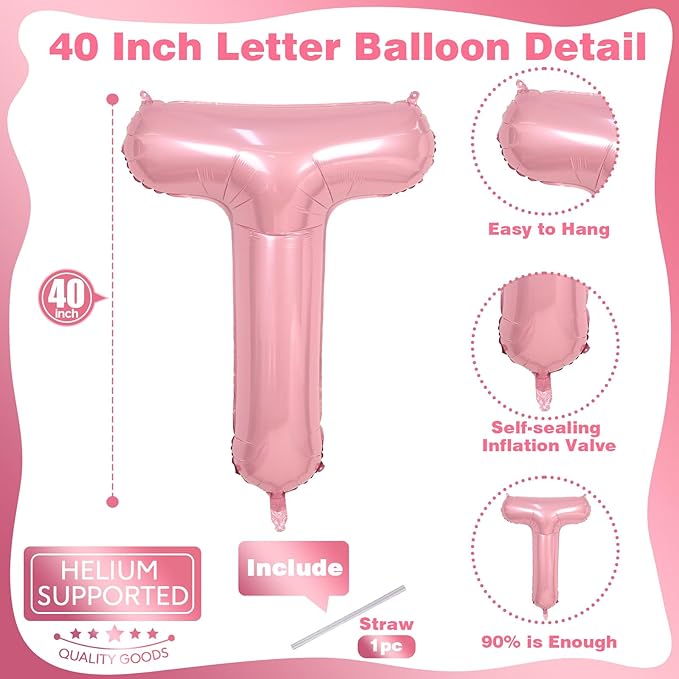 Custom Balloon Letter T - Large Mylar Helium Alphabet T - Pastel Pink Decor, 40" Inflatable Light Pink Letter T Foil Balloons for Girls Birthday Party Decoration Supplies