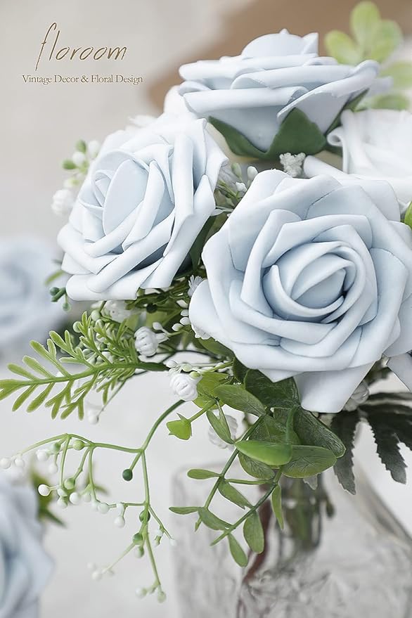 Floroom Artificial Flowers 25pcs Real Looking Powder Blue Foam Fake Roses with Stems for DIY Wedding Bouquets Bridal Shower Centerpieces Floral Arrangements Party Tables Home Decorations