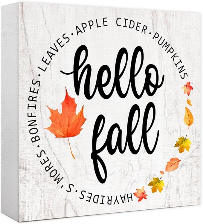 Hello Fall Maple Leaves Wood Box Sign Funny Autumn Wooden Block Desk Decor for Home Office Kitchen Cubicle Table Shelf Tabletop,Farmhouse Fall Sign Decor