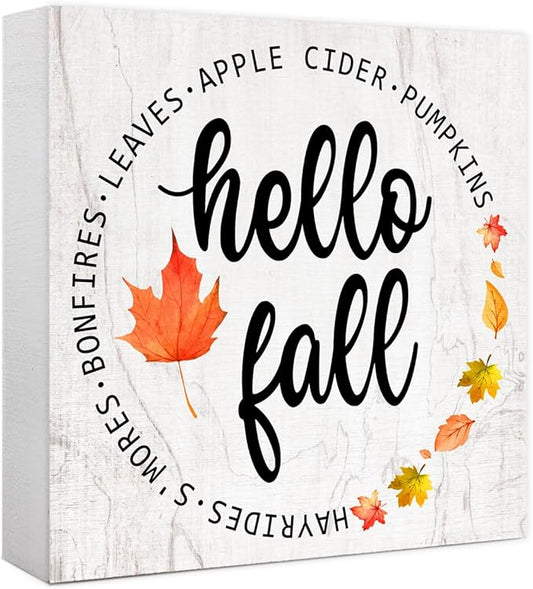 Hello Fall Maple Leaves Wood Box Sign Funny Autumn Wooden Block Desk Decor for Home Office Kitchen Cubicle Table Shelf Tabletop,Farmhouse Fall Sign Decor