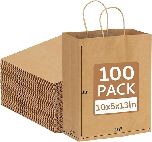 JET PAPER BAGS - 10”x5”x13” Inch [100 Pcs] Brown Paper Bags with Handles Prime for Takeout, Grocery, Goody, Retail, Party, Gifts, Weddings - Recyclable Kraft Paper Gift Bags with Handles