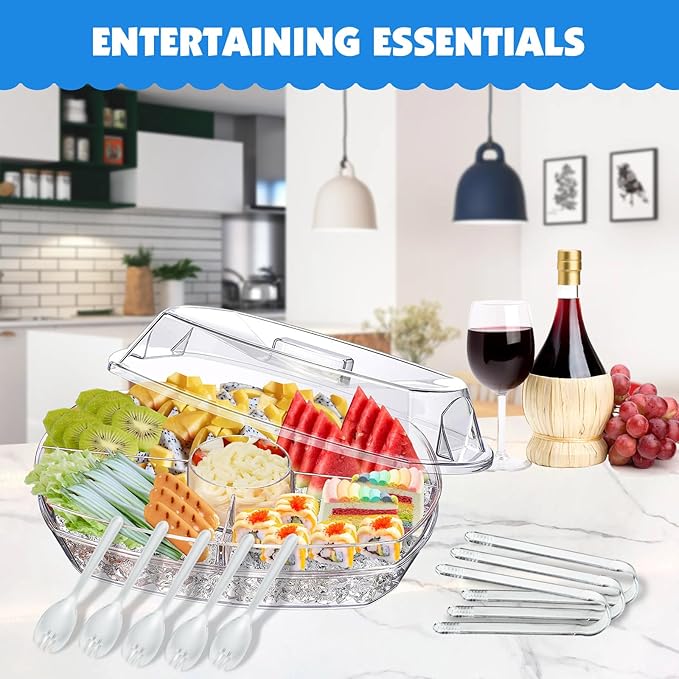 Ice Chilled Party Platter, 15 Inch Clear Veggie Fruit Trays with Lid and Dip, Cold Food Serving Trays for Parties, Charcuterie Boards with Ice Tray on Bottom