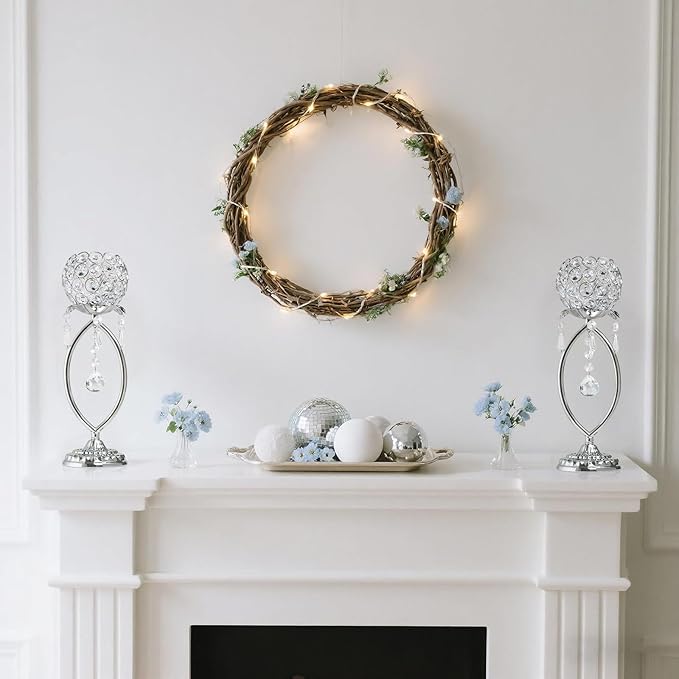 6 Pcs Silver Elegant Metal Crystal Tea Light Candle Holders with Crystal Pendants, Hollow Design - Wedding Table Centerpieces for Anniversary Birthday Party, Home Decor