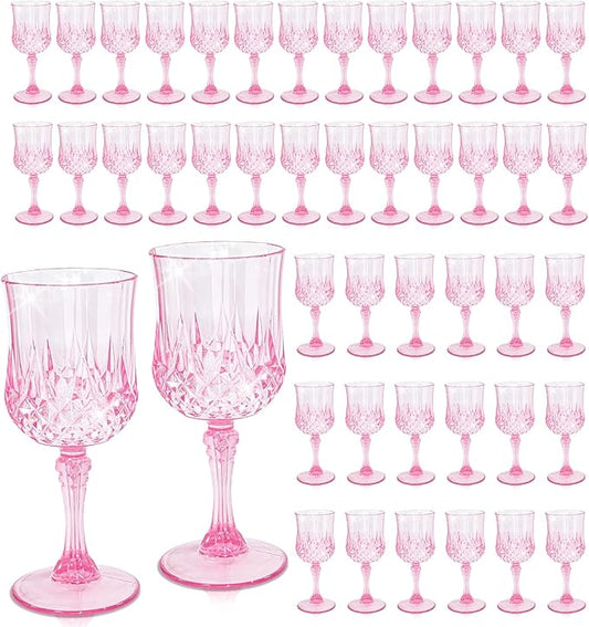 48 PCS Plastic Pink Wine Glasses, Plastic Goblets Pink Vintage Wine Glasses, Reusable Drinkware Vintage Champagne for Parties for Wedding Reception Grand Event Party, 7oz