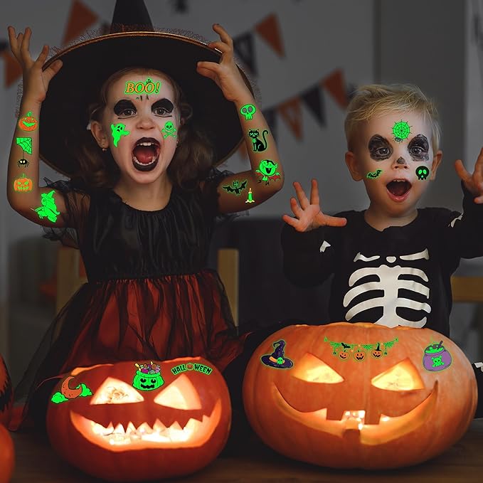 145 Styles Halloween Tattoos for Kids, 12PCS Halloween Luminous Tattoos, Glow in Dark Ghosts Pumpkin Fake Temporary Tattoos Stickers Bulk for Halloween Party Favors Accessories Supplies