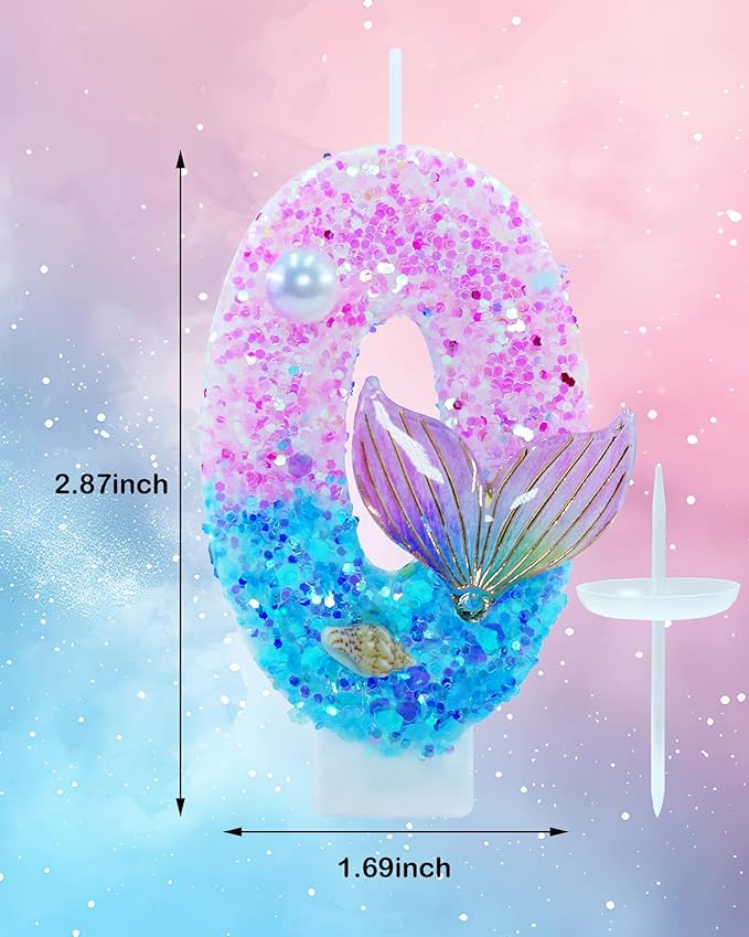 Mermaid Themed Birthday Candles, Number 0 Girls Glitter Birthday Party Supplies,Anniversary Party Decor,2.87 inch Cake Topper Decorations (Mermaid Themed, Number 0)