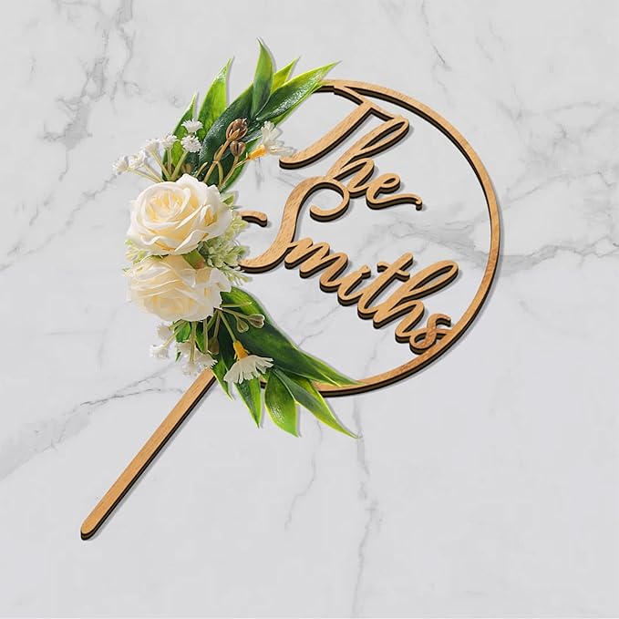 3D Flowers Wedding Cake Topper Custom Last Name Wedding Cake Decoration in Wood with 3D Artificial Roses (Oak)