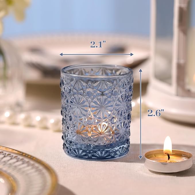 Blue Votive Candle Holder Set of 12, Flower Tea Lights Candles Holders for Wedding Table Centerpieces, Birthday Parties, Home Decor, Blue Bridal Shower and Holiday Decorations