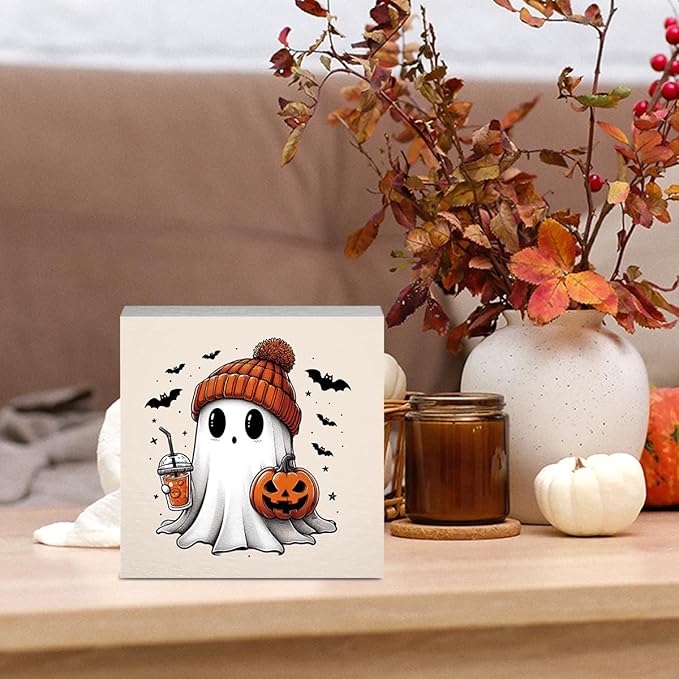Cute Boo Fall Decor Halloween Fall Decorations Autumn Pumpkin Decor for Home Office Spooky Ghost Halloween Autumn Decorations for Desk Table 5 x 5 inches