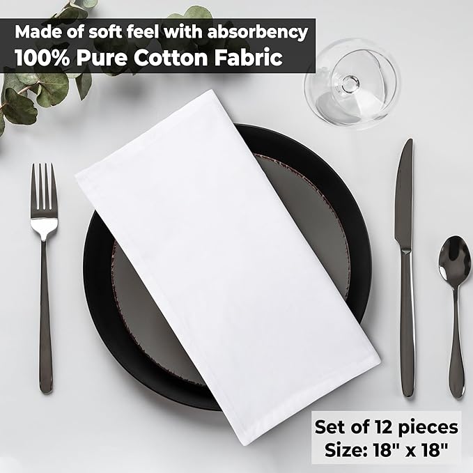 White Cloth Napkins Set of 12 100% Cotton Dinner Napkins Cloths Washable 18”x18” Absorbent Soft Durable Reusable-Ideal for Everyday Use Parties Wedding Thanks Giving Christmas Halloween
