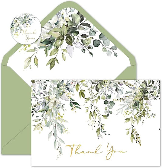 Whaline 50 Pack Greenery Thank You Cards Bulk Boxed Watercolor Eucalyptus Leaves Foil Gold Thank You Note Cards with Envelope Sticker for Thanksgiving Wedding