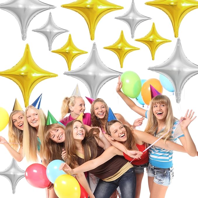 Gold Silver Star Balloons,12Pcs Four Angle Star Foil Balloons,26Inch and 10Inch Gold Silver Quadrangle Helium Balloon for Birthday Anniversary Baby Shower Wedding Party Decorations