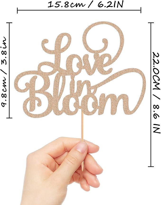 Love in Bloom Cake Topper - Glitter Rose Gold Bridal Shower Cake Decoration, Wedding & Engagement Cake Pick (Rose Gold)