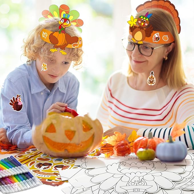 24 Sets Thanksgiving Turkey Craft Kits Fall Thanksgiving Ornaments Decorations Art Sets DIY Autumn Make a Turkey Crafts Stickers Arts and Crafts for Toddler Party Classroom Activities (Hat1)