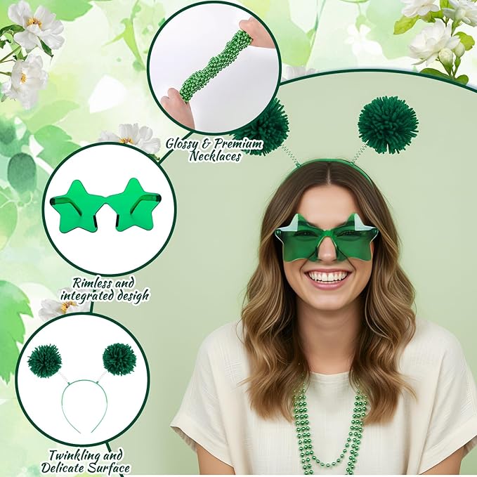 50 Pcs Green Holiday Team Spirit Party Accessories Pom Pom Party Headbands Star Shape Sunglasses Bead Necklaces Stuff Favors for Birthday Wedding Supplies(Classic)