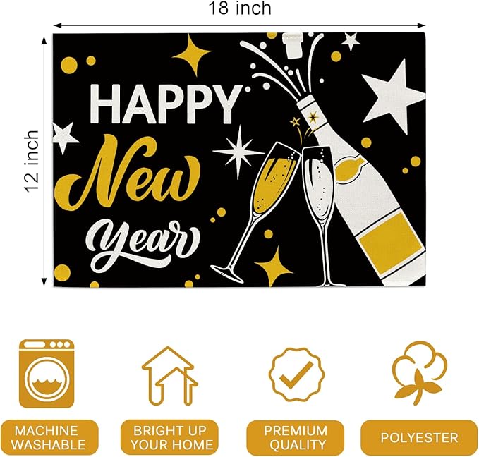 Seliem Happy New Year 2026 Black Gold Placemats Set of 4, Golden Champagne Stars Celebration Dining Table Place Mats, Christmas Kitchen Decor Home Decoration 12 x 18 Inch