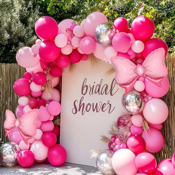 Pink Balloon Arch Kit Double Stuffed Peach Pink Bow Balloon Garland Foil Silver Balloons For Happy Birthday Baby Shower Bridal Shower Wedding Girls Women Theme Tea Party Decor
