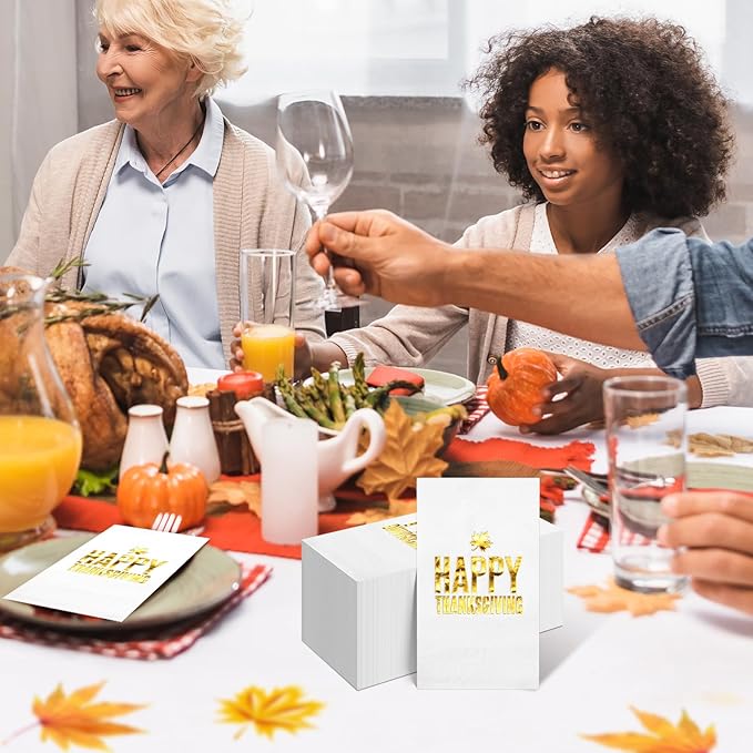 100pcs Thanksgiving Cocktail Napkins,Disposable Napkins with Happy Thanksgiving Gold Foiled,Fall Dinner Guest Paper Hand Towels for Autumn Harvest Thanks Theme Party Decorations,7.9 * 4.3inch