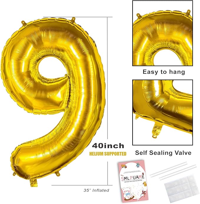 Smlpuame 40 inch Number Balloon 0-9 Gold Large Number 9 Balloons,Digital Balloons for Birthday Party Celebration Decorations Supplies, Helium Foil Number Balloons for Wedding Anniversary