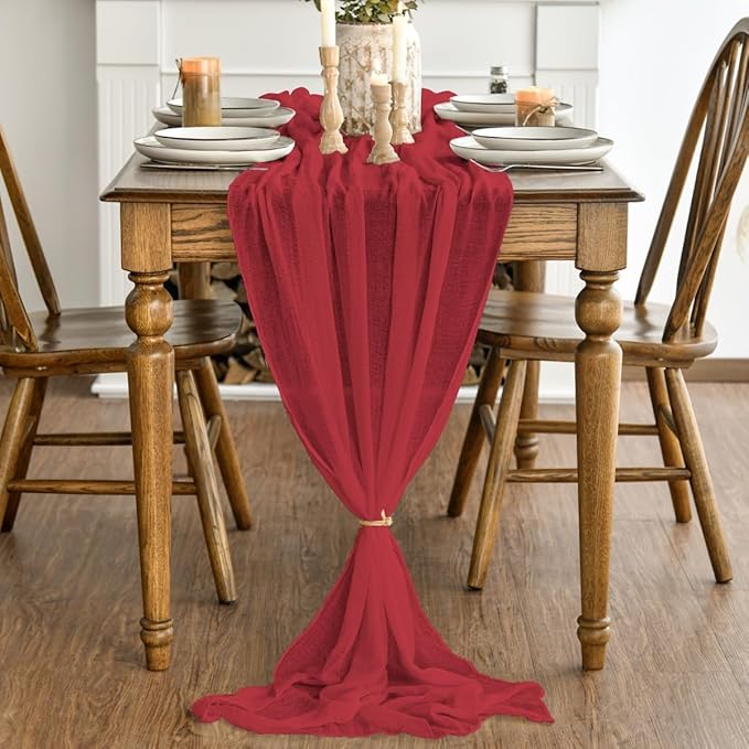 Artoid Mode Boho Gauze Red 3 Pieces Wedding Table Runner, 120 Inch Cheesecloth Christmas Fabric Kitchen Dining Holiday Table Decor for Home Party Indoor