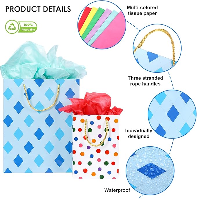 OUTUXED 12pcs Paper Gift Bags Assorted Sizes with Tissue, Birthday Gift Bags 3 Sizes (4 Medium/4 Large/4 Extra Large) - For Birthday, Baby Showers, Party & Wedding