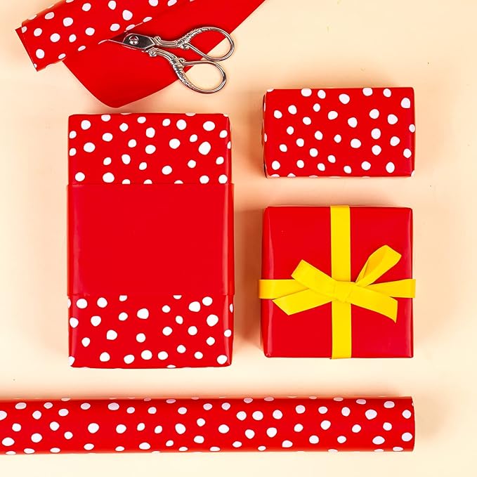 WRAPAHOLIC Reversible Wrapping Paper - Mini Roll - 17 Inch X 33 Feet - Red and Delicate Polka Dots Design for Birthday, Holiday, Wedding, Baby Shower