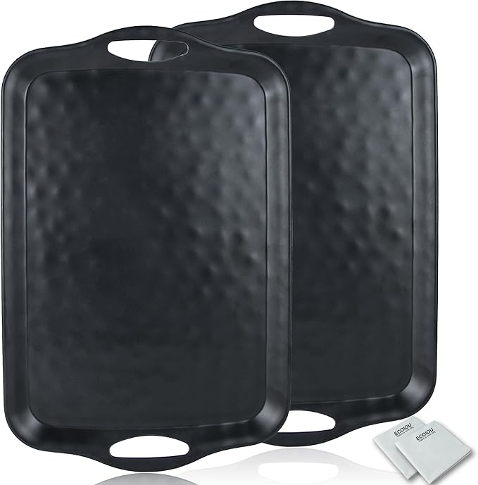 Extra Large Serving Tray with Handles, 20x13 inch, Set of 2 Melamine Platters for Serving Food, Turkey, Cookie, Rectangular Trays for Eating, Raised Dots Matt Finished, Dishwasher Safe, Black