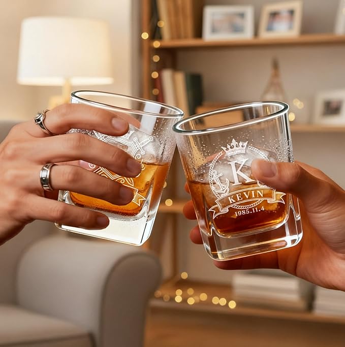 Custom Whiskey Glasses-Personalized Engraved 26 Letters Name Initials Whiskey Rocks Glass Tumbler for Men,Gift for Father's Day, Birthdays, Weddings,Anniversaries