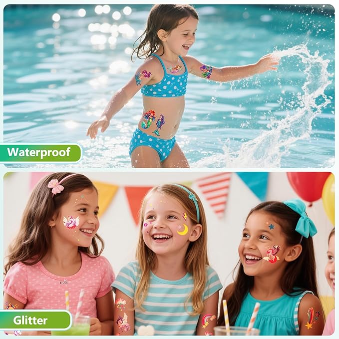 150+ Kids Glitter Temporary Tattoos for Girls – Individually Wrapped, Waterproof Tattoo Stickers – Mermaid, Unicorn, Fairy, Butterfly & More