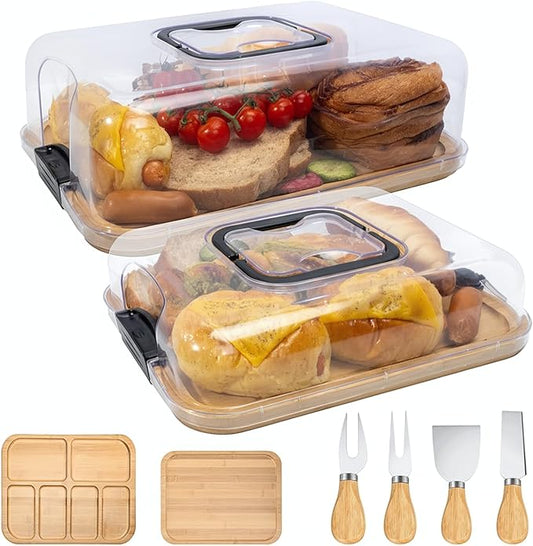 2-Pack Charcuterie Board with Lid - Reversible+ 4-Piece Stainless Steel Cheese Knives, Covered Snack Serving Tray-Large Food Platter，Travel Portable Cheese Board for Picnics & Entertaining