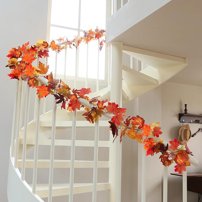 Joyhalo 6 Pack Fall Garland, Autumn Leaves Garland for Mantle Indoor Outdoor Fall Decor,Hanging Maple Leaf Foliage Vines for Fireplace, Front Door, Porch and Thanksgiving Decor