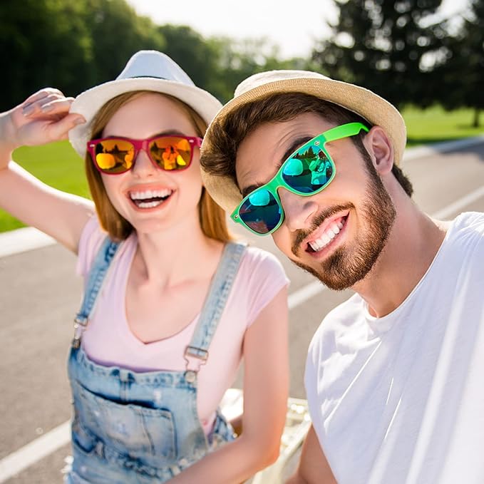 Matcheck 10/18 Pack Neon Colors Party Sunglasses Mirrored lens Colored Glasses Bulk Retro Shades for Unisex Adults Teens