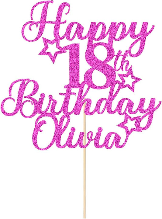 Happy Birthday Cake Topper Personalized Cake Topper Custom Cake Topper Birthday Double Sided Glitter Customized with Any Age Name Cake Decoration(Pink)