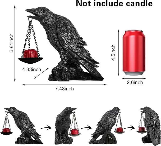 Halloween Decorations Outdoor Indoor Gothic Crow Wall Decor Table Candle Holder Raven Tealight Statue for Yard Patio Garden Bedroom Black