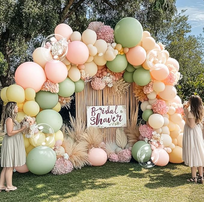 Pastel Green Pink Balloon Arch Kit Double Stuffed Dusty Sage Green Pink Yellow White Sand Balloon Garland Beige Cream Balloons for Baby Bridal Shower Birthday Wedding Fairy Flower Tea Party Decor