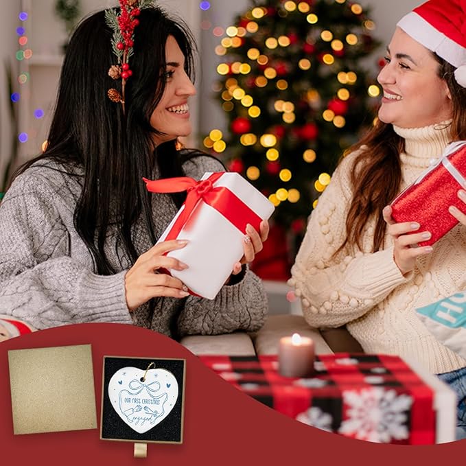 Our First Christmas Engaged Ornament Just Engaged Gifts for Him Her Fiance Newly Couple Engagement Christmas Heart Ceramic Xmas Tree Ornament Decorations