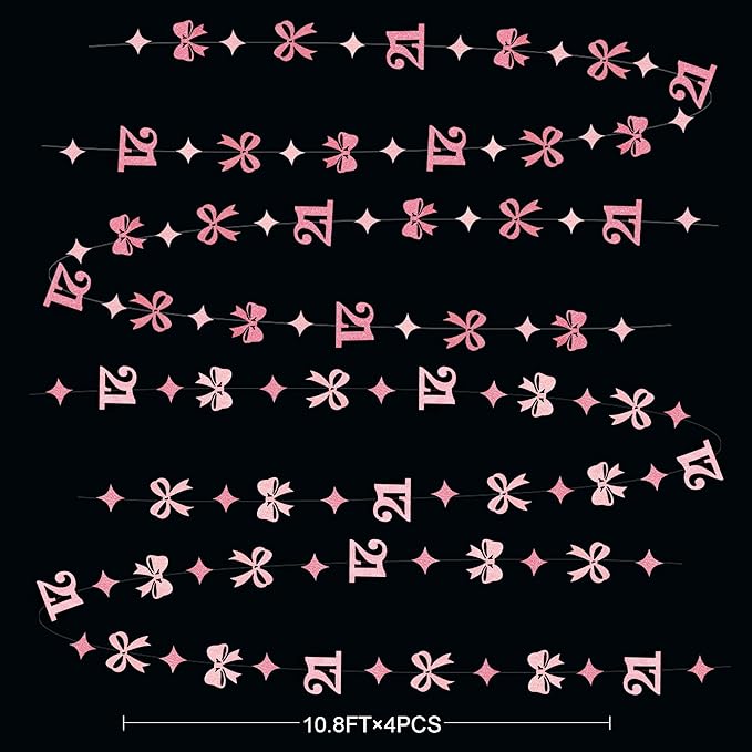 Glitter Pink 21st Bow Birthday Decorations Hot Pink Conquette Bow Garland Streamer Banner Backdrop for Girls Happy 21st Birthday Finally Legal Cheers to 21 Years Old Anniversary Party Supplies