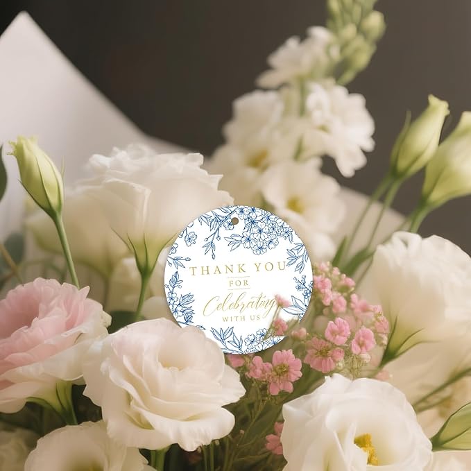 50PCS Thank You Gift Tags, 2x2 inch Blue Floral Personalized Gift Tags with String for Wedding Birthdays Party Favors Baby Shower Bridal Shower