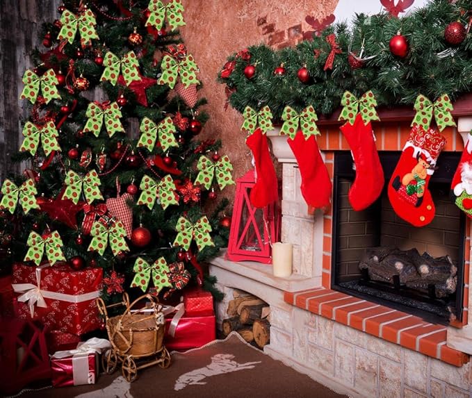 SIMISI RIBBON Christmas Tree Bows Wreaths Graland Xmas Party Decorations Red Green Polka Dot Ornaments (6 * 6 Inches, 12 Pcs)