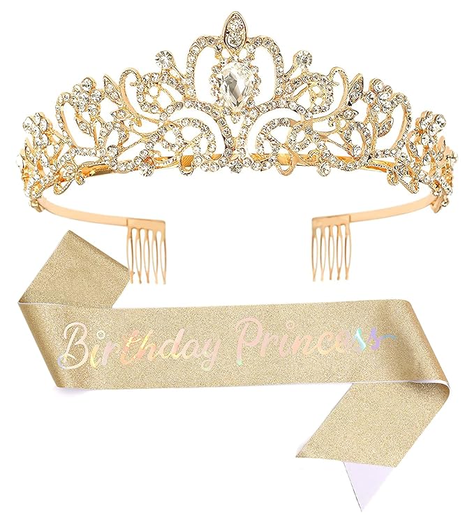 Birthday Crown Tiara with sash for Women, Headband Hair Accessories for Birthday Party