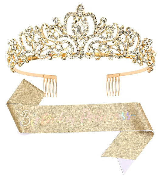 Birthday Crown Tiara with sash for Women, Headband Hair Accessories for Birthday Party
