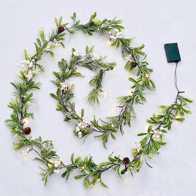 9FT Olive Greenery Garland, Pre-lit Christmas Garland Battery Operated with Timer, Faux Artificial Snowy Pine Garland for Mantle Holiday Winter Party Table Decor