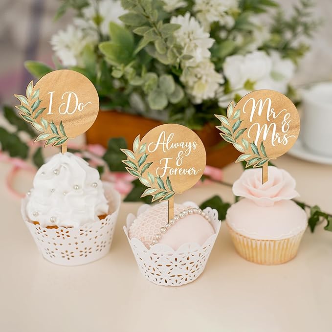 36 PCS Mr & Mrs Wedding Cupcake Toppers with Green Leaves Engagement Cake Decorations