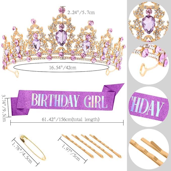 Birthday Crown Headband and Tiara - Adult Purple Crystal Crown with Sash