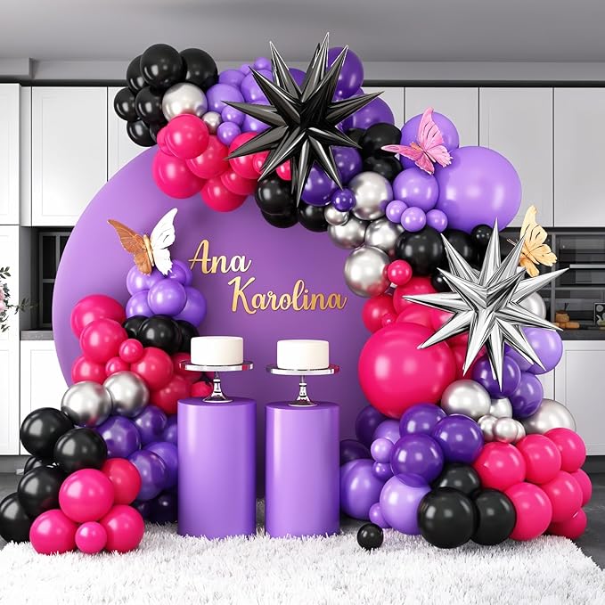 Hot Pink and Purple Balloon Arch Kit, Purple Black Balloon Garland with Star Foil Balloons for Wedding Birthday Graduation Engagement Party Decorations
