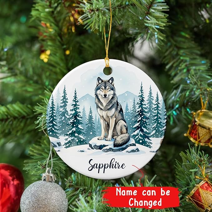 Personalized Wolf Wild Animal Ornament 2025, Winter Animal Keepsake, Gift for Friends Coworkers Him Her, Animals Decoration for Christmas Birthday Holiday, Customized Name Wolf Ceramic Ornament