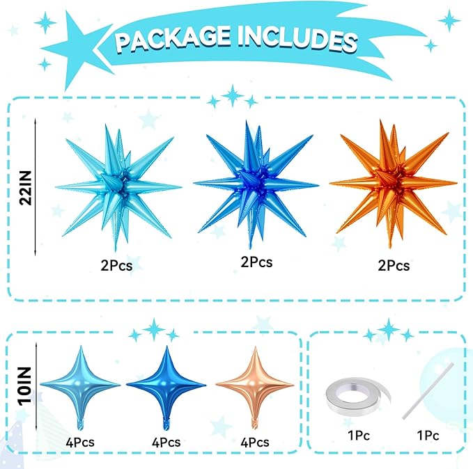 18 Pcs Blue and Orange Star Balloons, Orange and Blue Stars Foil Balloon with 6 Pcs 22-Inch Explosion Star Balloons 12Pcs 10-Inch Four Pointed Stars Balloon for Kids Birthday Party Decoration