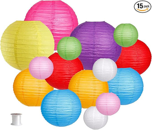 Paper Lanterns Decorative, Round Hanging Paper Lanterns for Wedding Rainbow Birthday Party Mexican Fiesta Decorations Colorful 15pcs