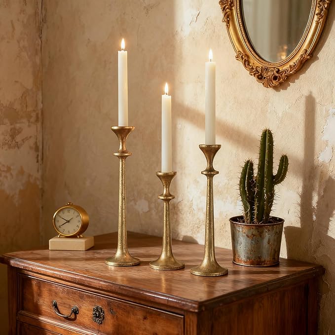Gold Taper Candle Holders Set of 3 Heavy Cast Iron Antique Brass Candlestick Holder for Table Centerpiece Vintage Decorative Candelabra for Home Decor Fireplace Wedding Holiday Christmas Halloween