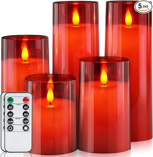 Homemory Christmas Red Flickering Flameless Candles, Battery Operated Acrylic LED Pillar Candles with Remote Control and Timer, Set of 5